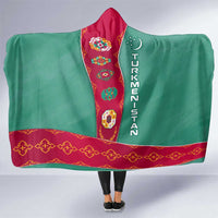 Turkmenistan National Symbols Hooded Blanket with Crescent Moon, Stars, and Traditional Carpet Pattern Design