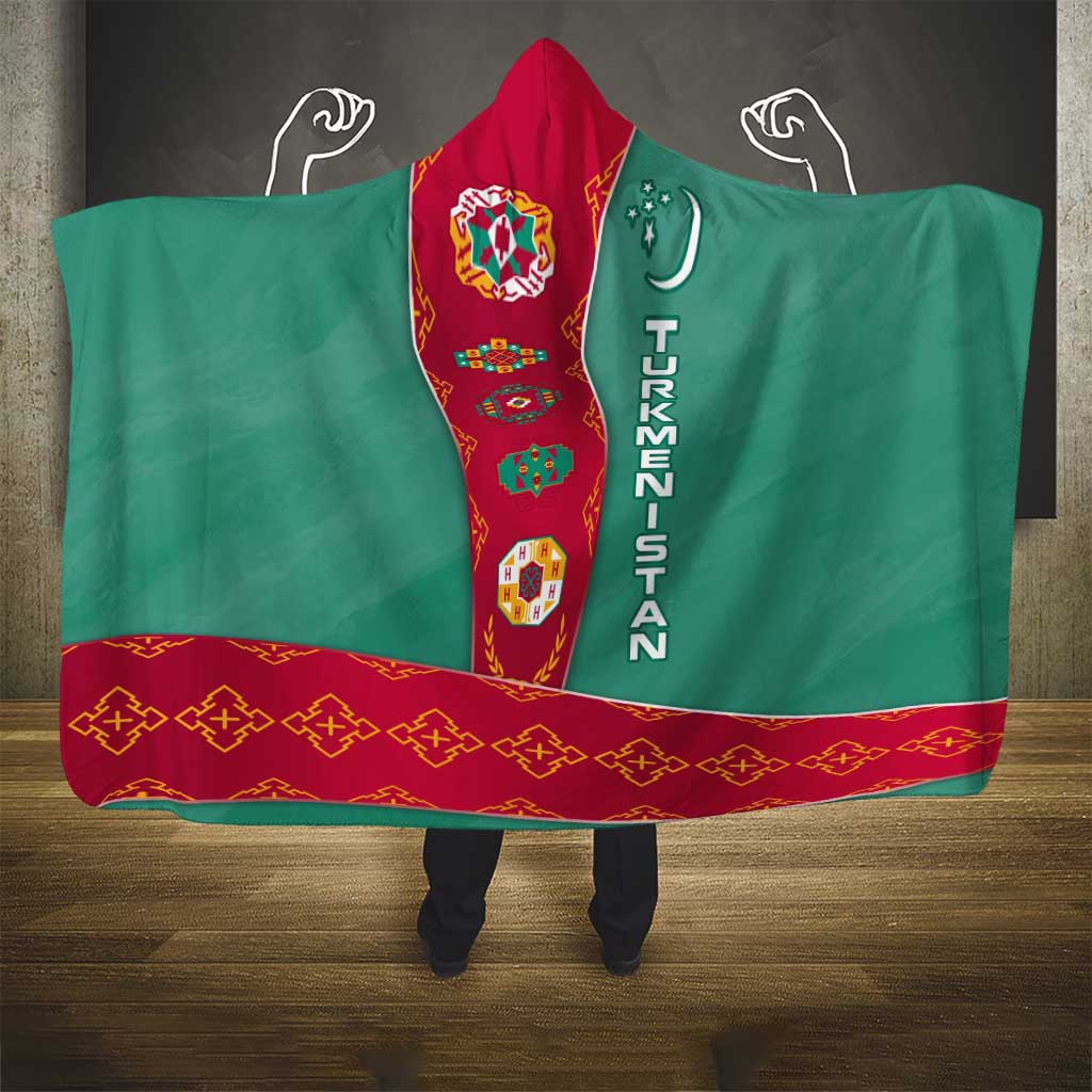 Turkmenistan National Symbols Hooded Blanket with Crescent Moon, Stars, and Traditional Carpet Pattern Design