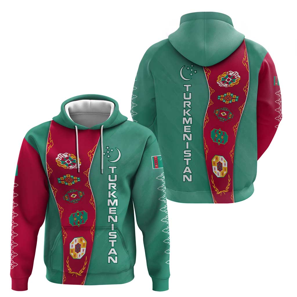 Turkmenistan National Symbols Hoodie with Crescent Moon, Stars, and Traditional Carpet Pattern Design