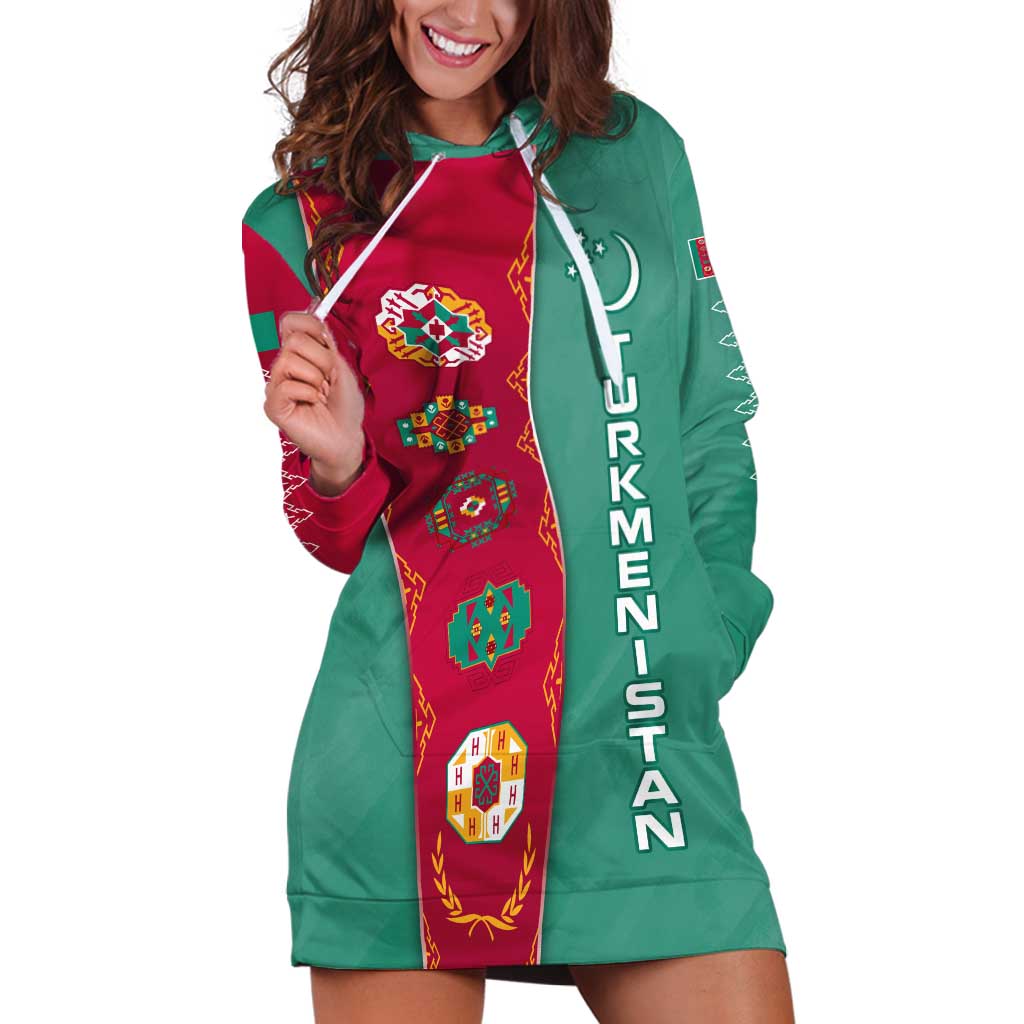 Turkmenistan National Symbols Hoodie Dress with Crescent Moon, Stars, and Traditional Carpet Pattern Design