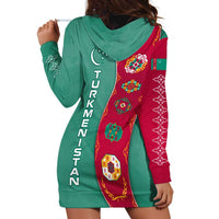 Turkmenistan National Symbols Hoodie Dress with Crescent Moon, Stars, and Traditional Carpet Pattern Design