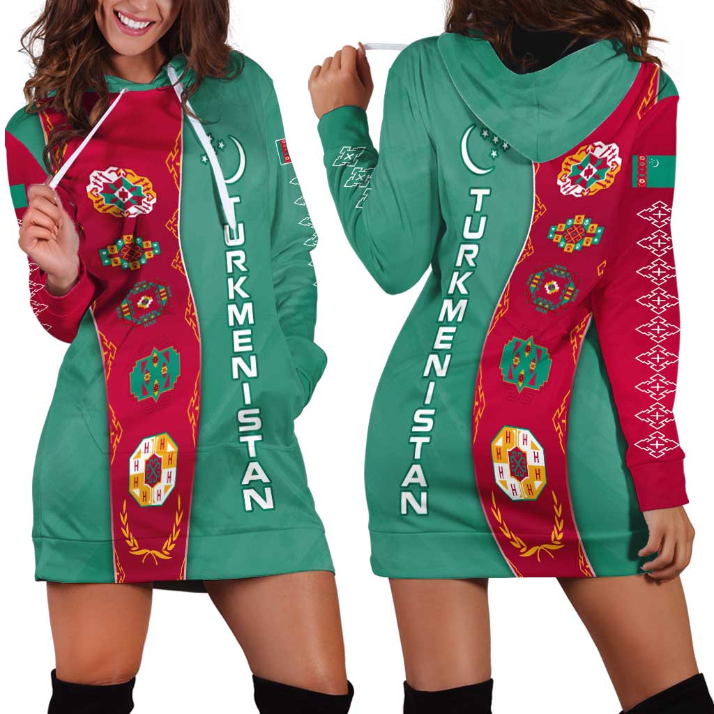 Turkmenistan National Symbols Hoodie Dress with Crescent Moon, Stars, and Traditional Carpet Pattern Design