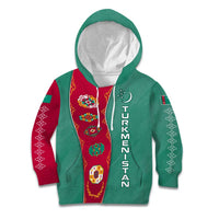 Turkmenistan National Symbols Kid Hoodie with Crescent Moon, Stars, and Traditional Carpet Pattern Design
