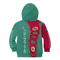 Turkmenistan National Symbols Kid Hoodie with Crescent Moon, Stars, and Traditional Carpet Pattern Design