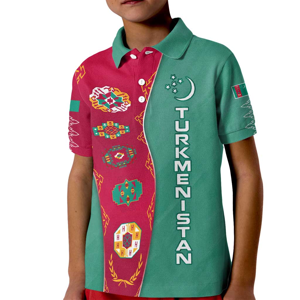 Turkmenistan National Symbols Kid Polo Shirt with Crescent Moon, Stars, and Traditional Carpet Pattern Design