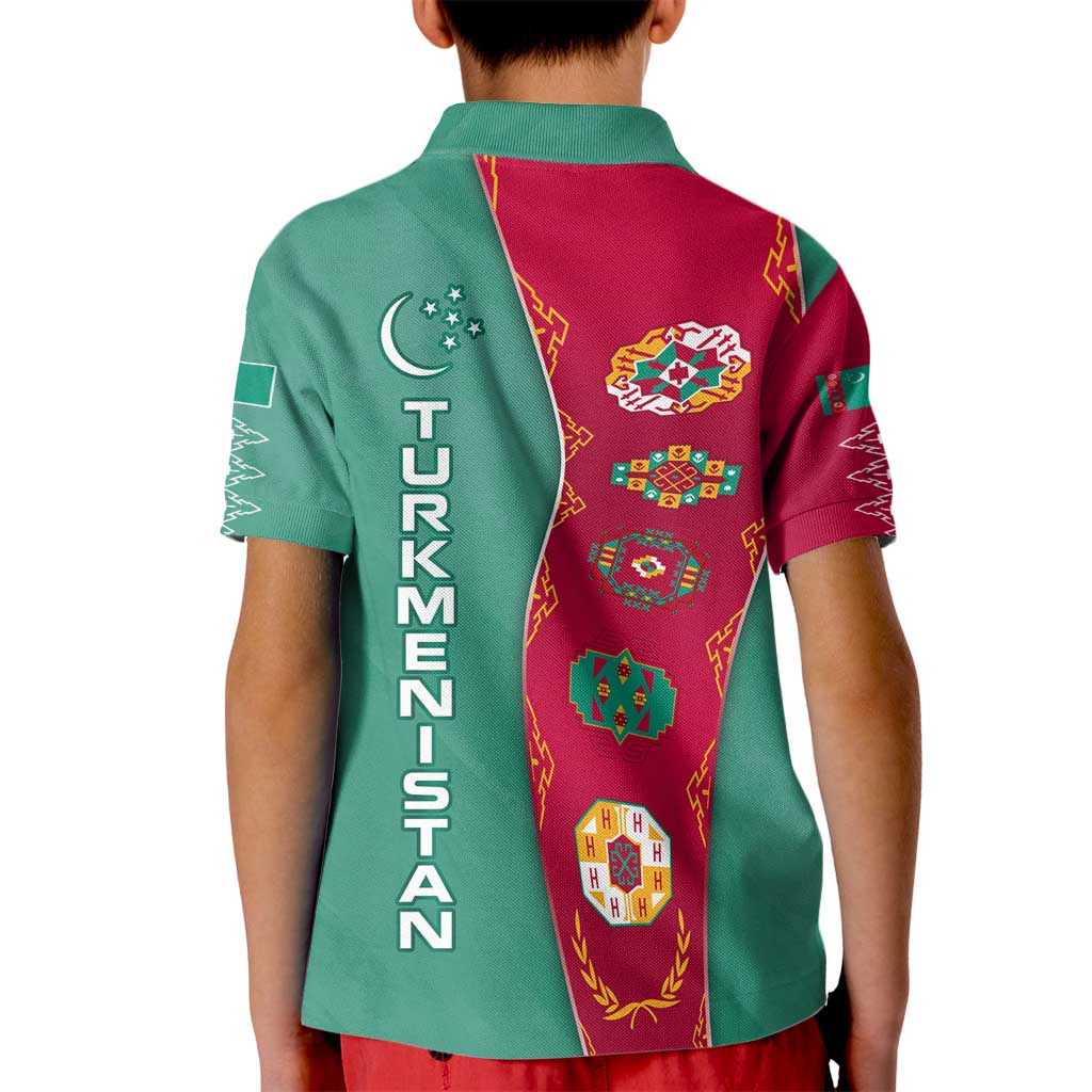 Turkmenistan National Symbols Kid Polo Shirt with Crescent Moon, Stars, and Traditional Carpet Pattern Design
