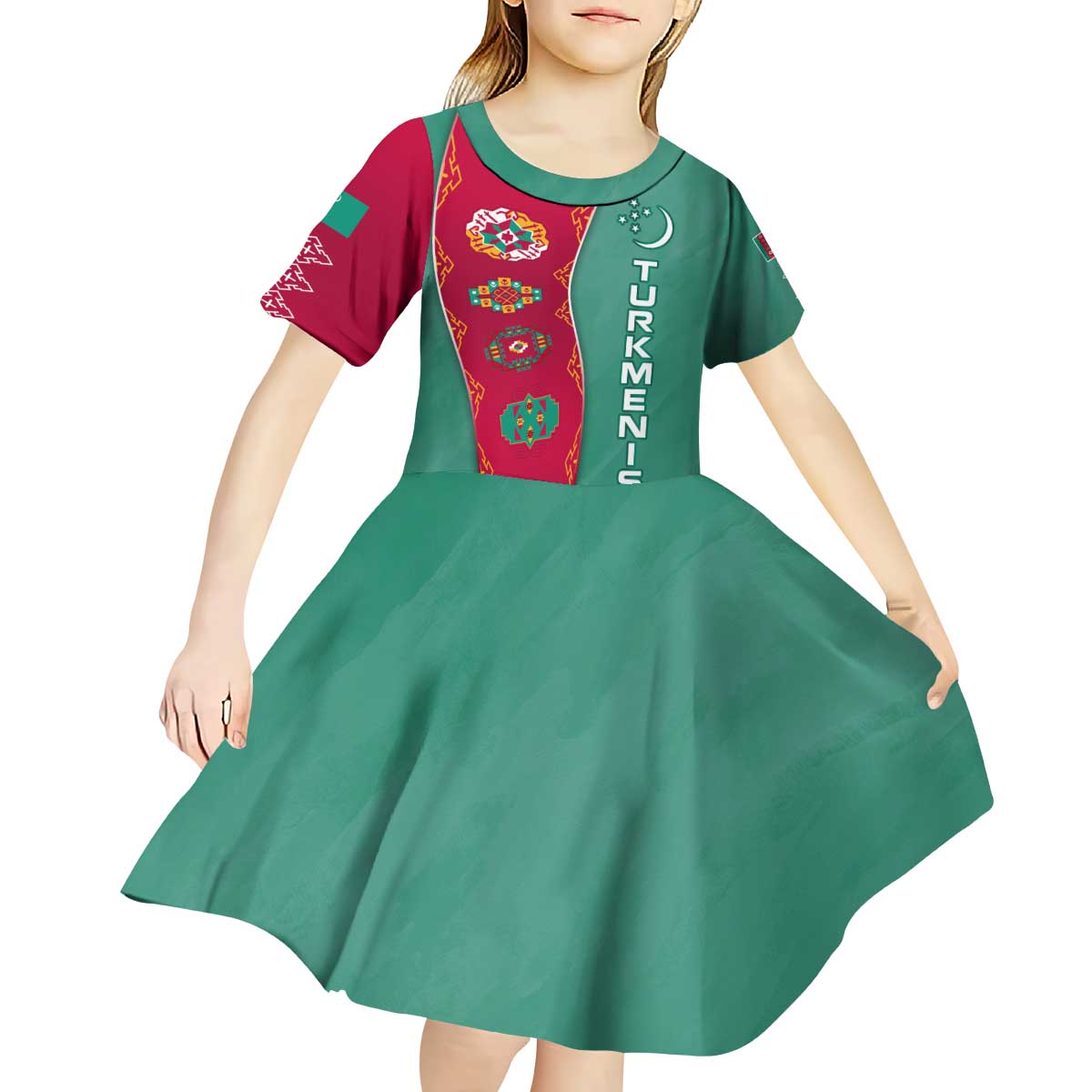 Turkmenistan National Symbols Kid Short Sleeve Dress with Crescent Moon, Stars, and Traditional Carpet Pattern Design