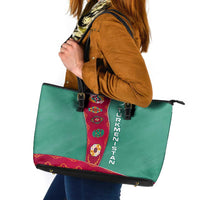 Turkmenistan National Symbols Leather Tote Bag with Crescent Moon, Stars, and Traditional Carpet Pattern Design