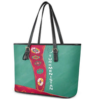 Turkmenistan National Symbols Leather Tote Bag with Crescent Moon, Stars, and Traditional Carpet Pattern Design