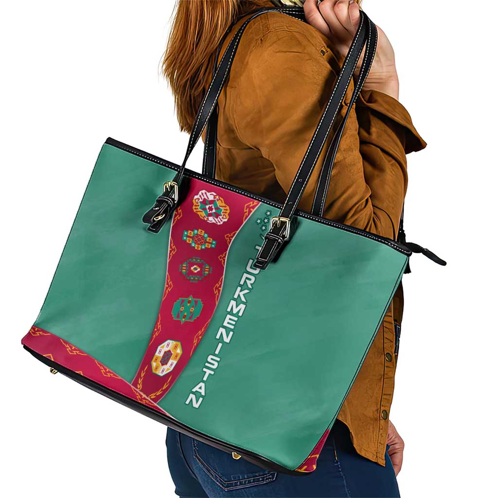 Turkmenistan National Symbols Leather Tote Bag with Crescent Moon, Stars, and Traditional Carpet Pattern Design