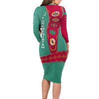 Turkmenistan National Symbols Long Sleeve Bodycon Dress with Crescent Moon, Stars, and Traditional Carpet Pattern Design