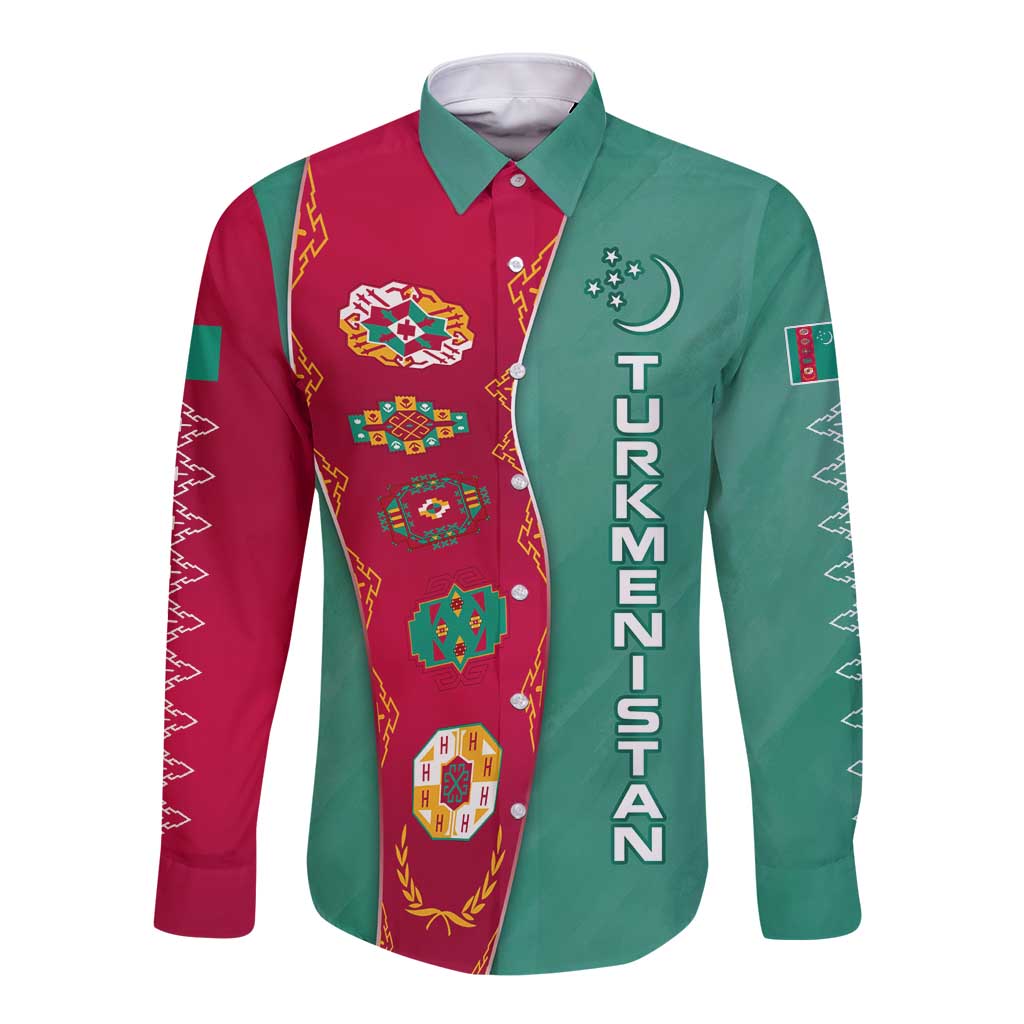 Turkmenistan National Symbols Long Sleeve Button Shirt with Crescent Moon, Stars, and Traditional Carpet Pattern Design