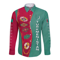 Turkmenistan National Symbols Long Sleeve Button Shirt with Crescent Moon, Stars, and Traditional Carpet Pattern Design