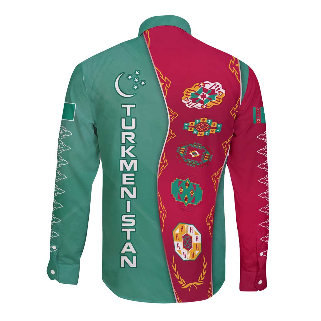 Turkmenistan National Symbols Long Sleeve Button Shirt with Crescent Moon, Stars, and Traditional Carpet Pattern Design
