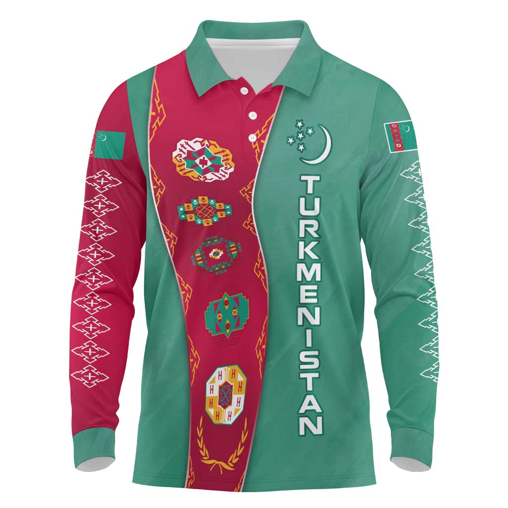 Turkmenistan National Symbols Long Sleeve Polo Shirt with Crescent Moon, Stars, and Traditional Carpet Pattern Design