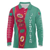 Turkmenistan National Symbols Long Sleeve Polo Shirt with Crescent Moon, Stars, and Traditional Carpet Pattern Design