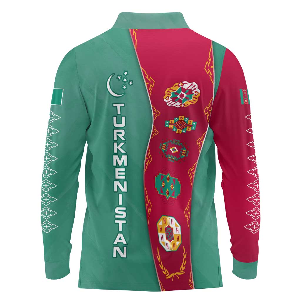 Turkmenistan National Symbols Long Sleeve Polo Shirt with Crescent Moon, Stars, and Traditional Carpet Pattern Design