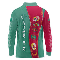Turkmenistan National Symbols Long Sleeve Polo Shirt with Crescent Moon, Stars, and Traditional Carpet Pattern Design