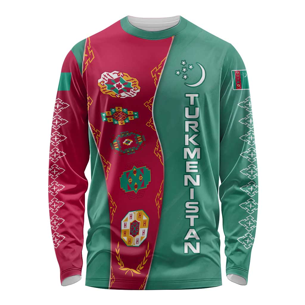 Turkmenistan National Symbols Long Sleeve Shirt with Crescent Moon, Stars, and Traditional Carpet Pattern Design