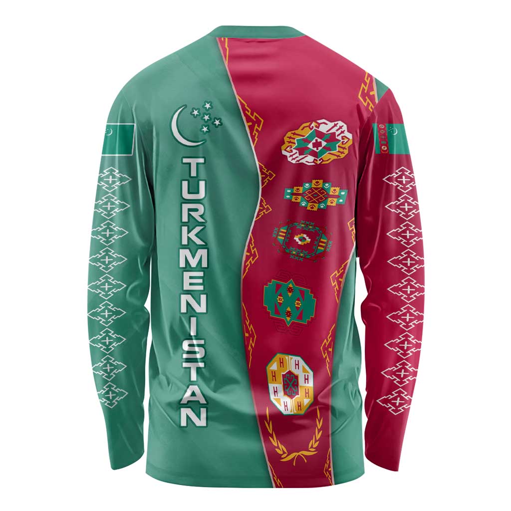 Turkmenistan National Symbols Long Sleeve Shirt with Crescent Moon, Stars, and Traditional Carpet Pattern Design
