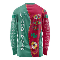Turkmenistan National Symbols Long Sleeve Shirt with Crescent Moon, Stars, and Traditional Carpet Pattern Design
