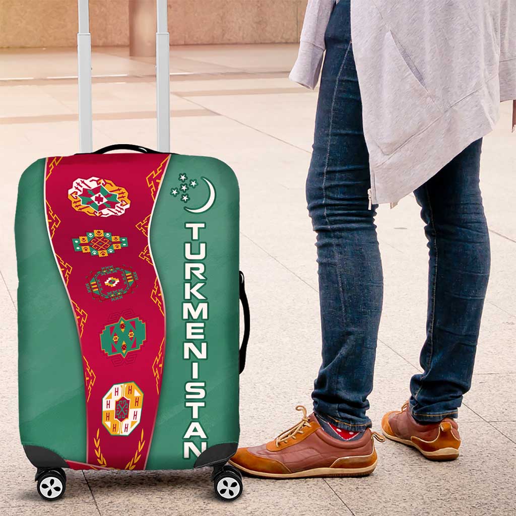 Turkmenistan National Symbols Luggage Cover with Crescent Moon, Stars, and Traditional Carpet Pattern Design