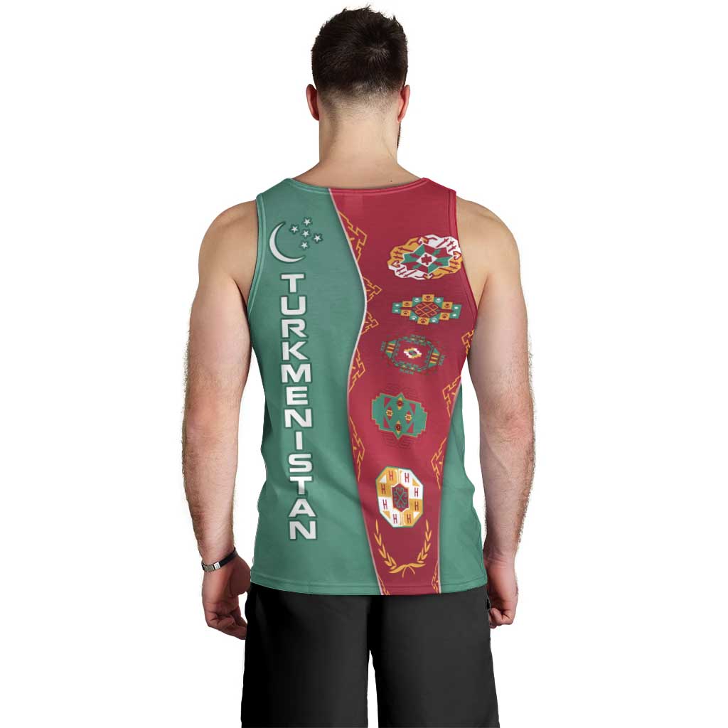 Turkmenistan National Symbols Men Tank Top with Crescent Moon, Stars, and Traditional Carpet Pattern Design