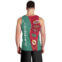 Turkmenistan National Symbols Men Tank Top with Crescent Moon, Stars, and Traditional Carpet Pattern Design