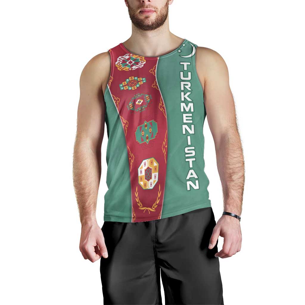 Turkmenistan National Symbols Men Tank Top with Crescent Moon, Stars, and Traditional Carpet Pattern Design