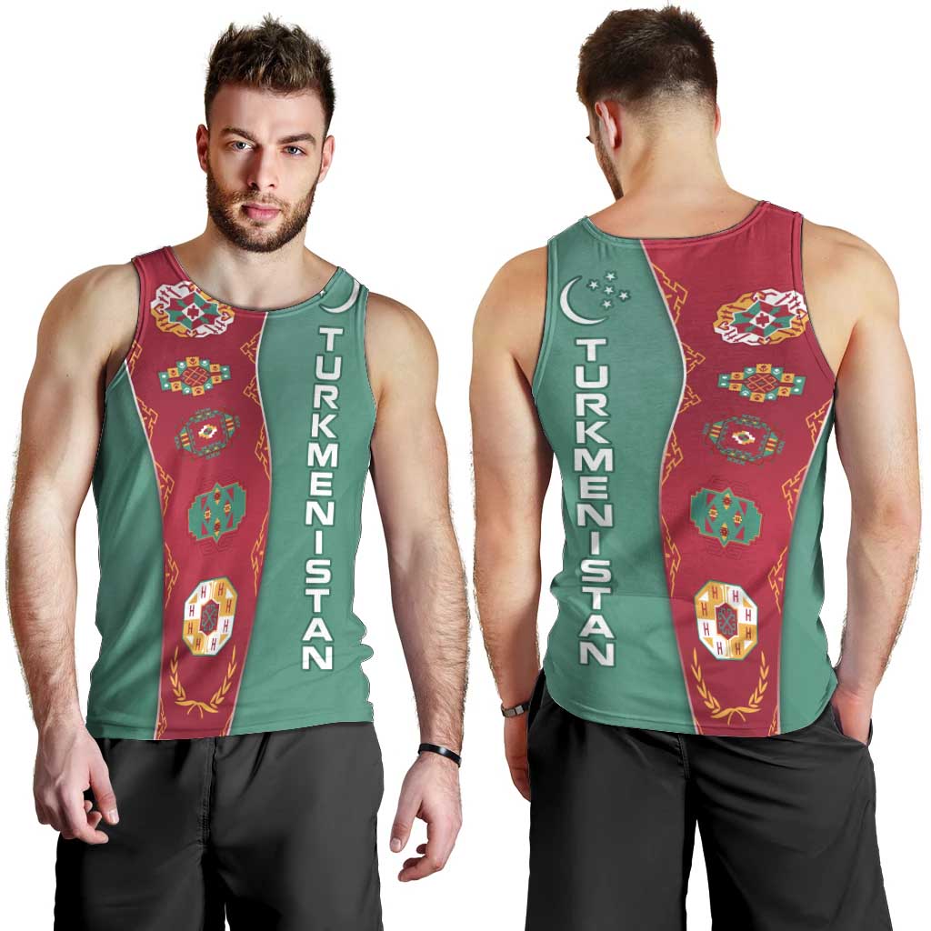 Turkmenistan National Symbols Men Tank Top with Crescent Moon, Stars, and Traditional Carpet Pattern Design