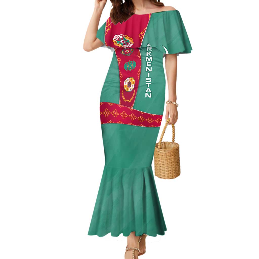Turkmenistan National Symbols Mermaid Dress with Crescent Moon, Stars, and Traditional Carpet Pattern Design