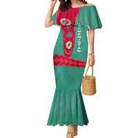 Turkmenistan National Symbols Mermaid Dress with Crescent Moon, Stars, and Traditional Carpet Pattern Design