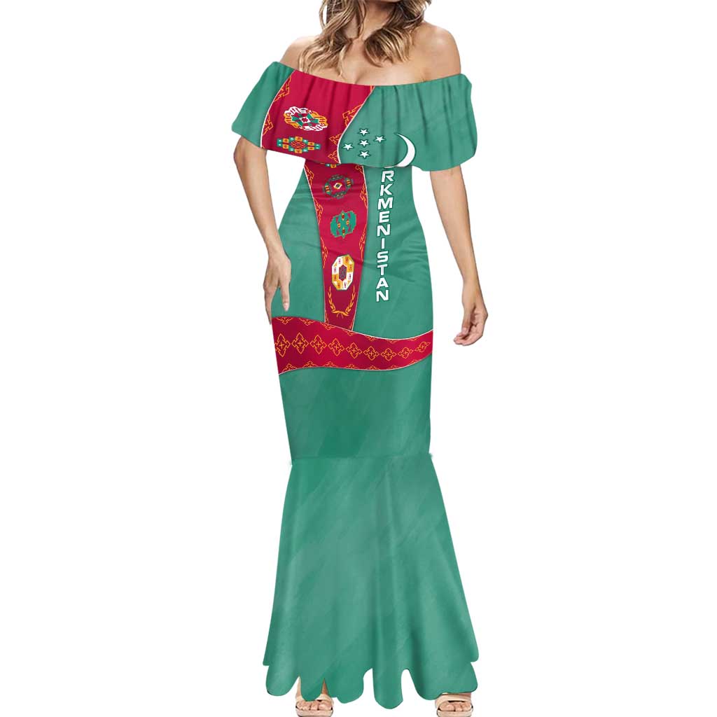 Turkmenistan National Symbols Mermaid Dress with Crescent Moon, Stars, and Traditional Carpet Pattern Design