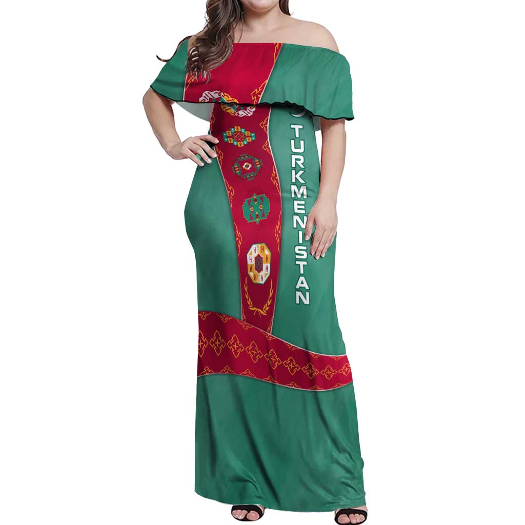 Turkmenistan National Symbols Off Shoulder Maxi Dress with Crescent Moon, Stars, and Traditional Carpet Pattern Design