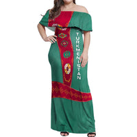 Turkmenistan National Symbols Off Shoulder Maxi Dress with Crescent Moon, Stars, and Traditional Carpet Pattern Design