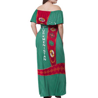 Turkmenistan National Symbols Off Shoulder Maxi Dress with Crescent Moon, Stars, and Traditional Carpet Pattern Design