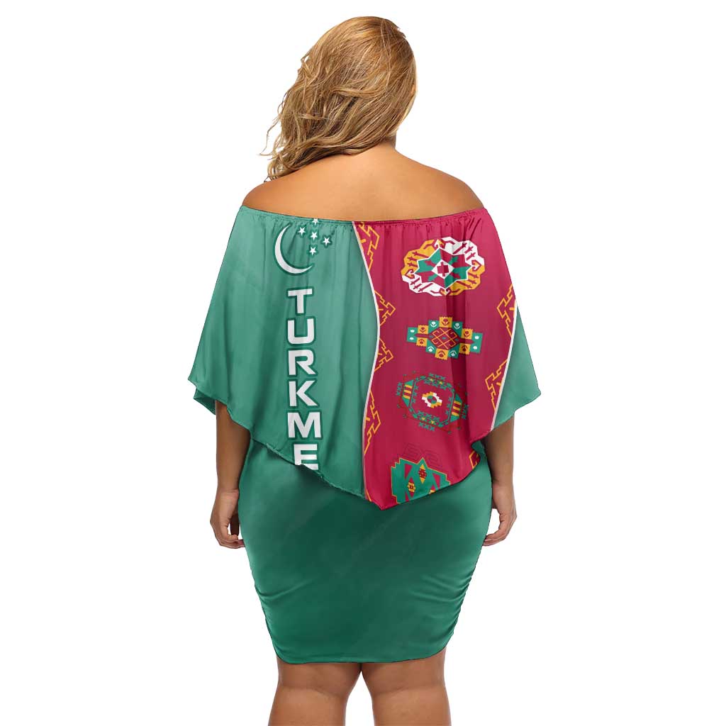 Turkmenistan National Symbols Off Shoulder Short Dress with Crescent Moon, Stars, and Traditional Carpet Pattern Design