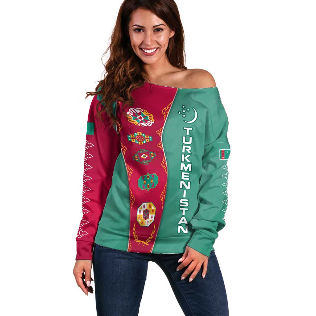 Turkmenistan National Symbols Off Shoulder Sweater with Crescent Moon, Stars, and Traditional Carpet Pattern Design
