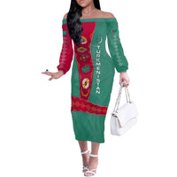 Turkmenistan National Symbols Off The Shoulder Long Sleeve Dress with Crescent Moon, Stars, and Traditional Carpet Pattern Design