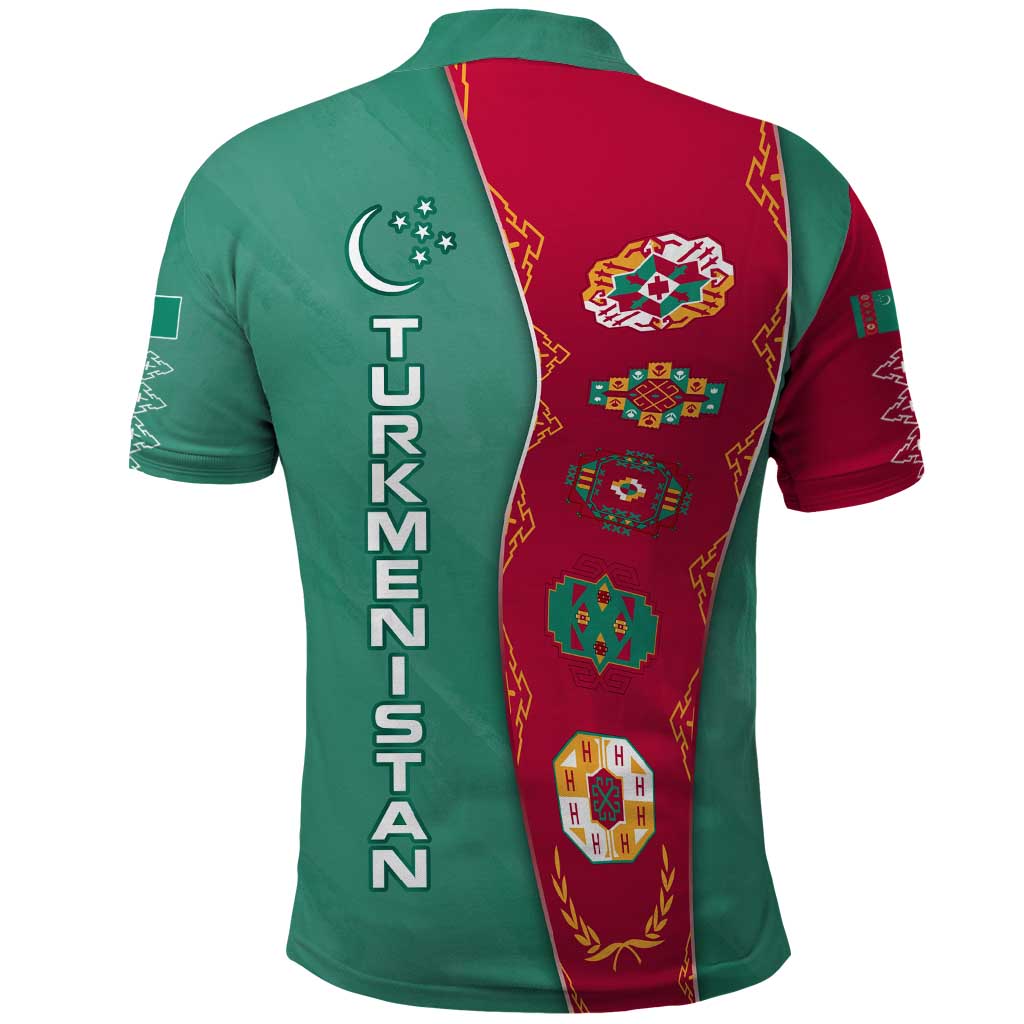 Turkmenistan National Symbols Polo Shirt with Crescent Moon, Stars, and Traditional Carpet Pattern Design