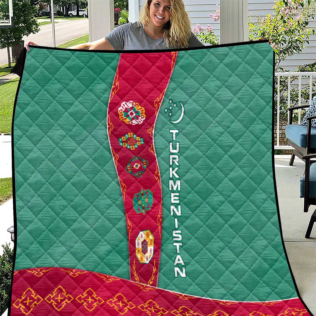 Turkmenistan National Symbols Quilt with Crescent Moon, Stars, and Traditional Carpet Pattern Design