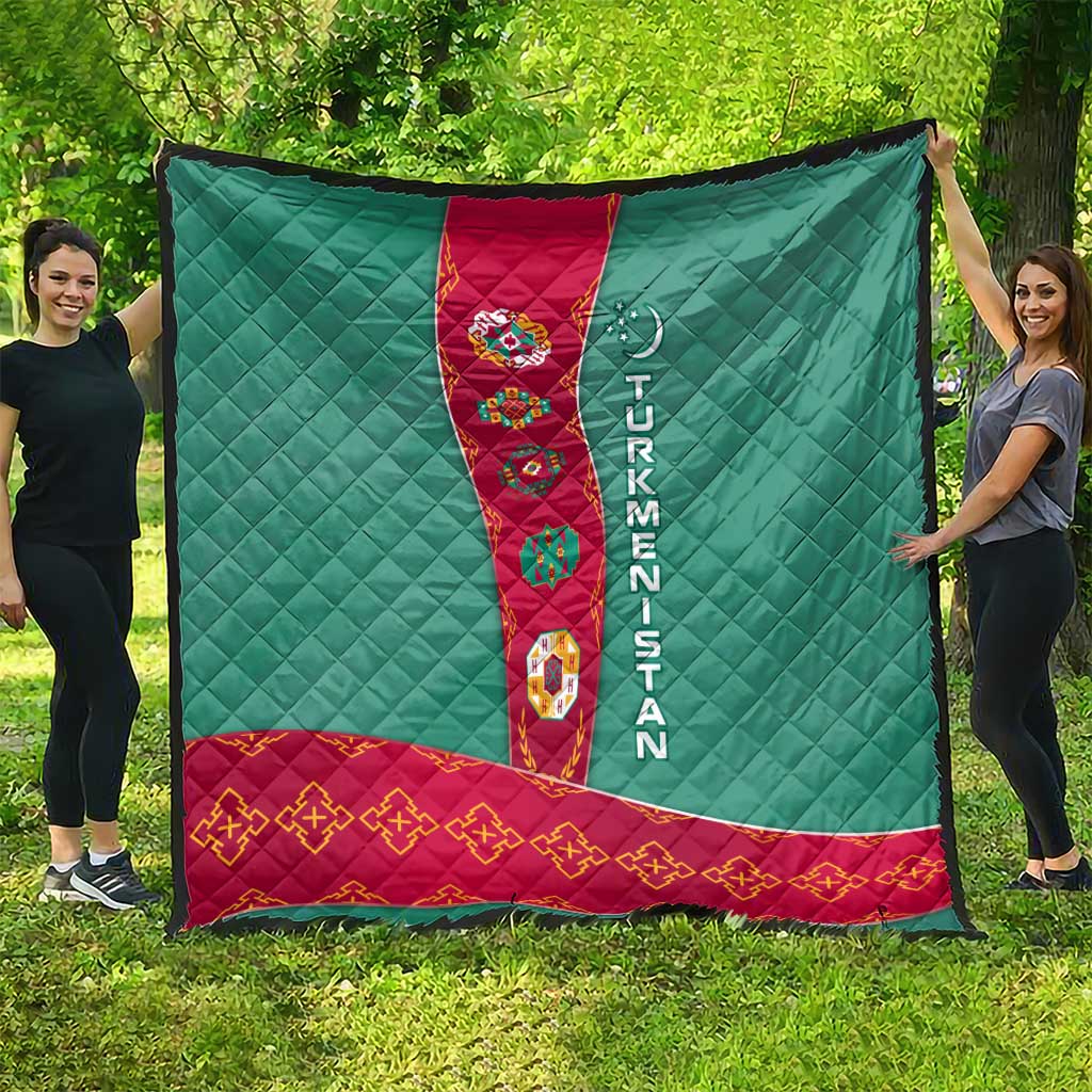 Turkmenistan National Symbols Quilt with Crescent Moon, Stars, and Traditional Carpet Pattern Design