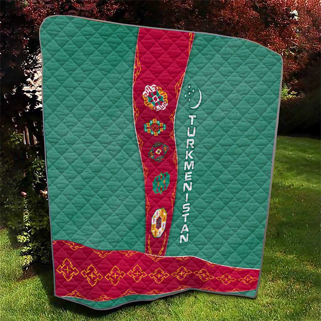 Turkmenistan National Symbols Quilt with Crescent Moon, Stars, and Traditional Carpet Pattern Design