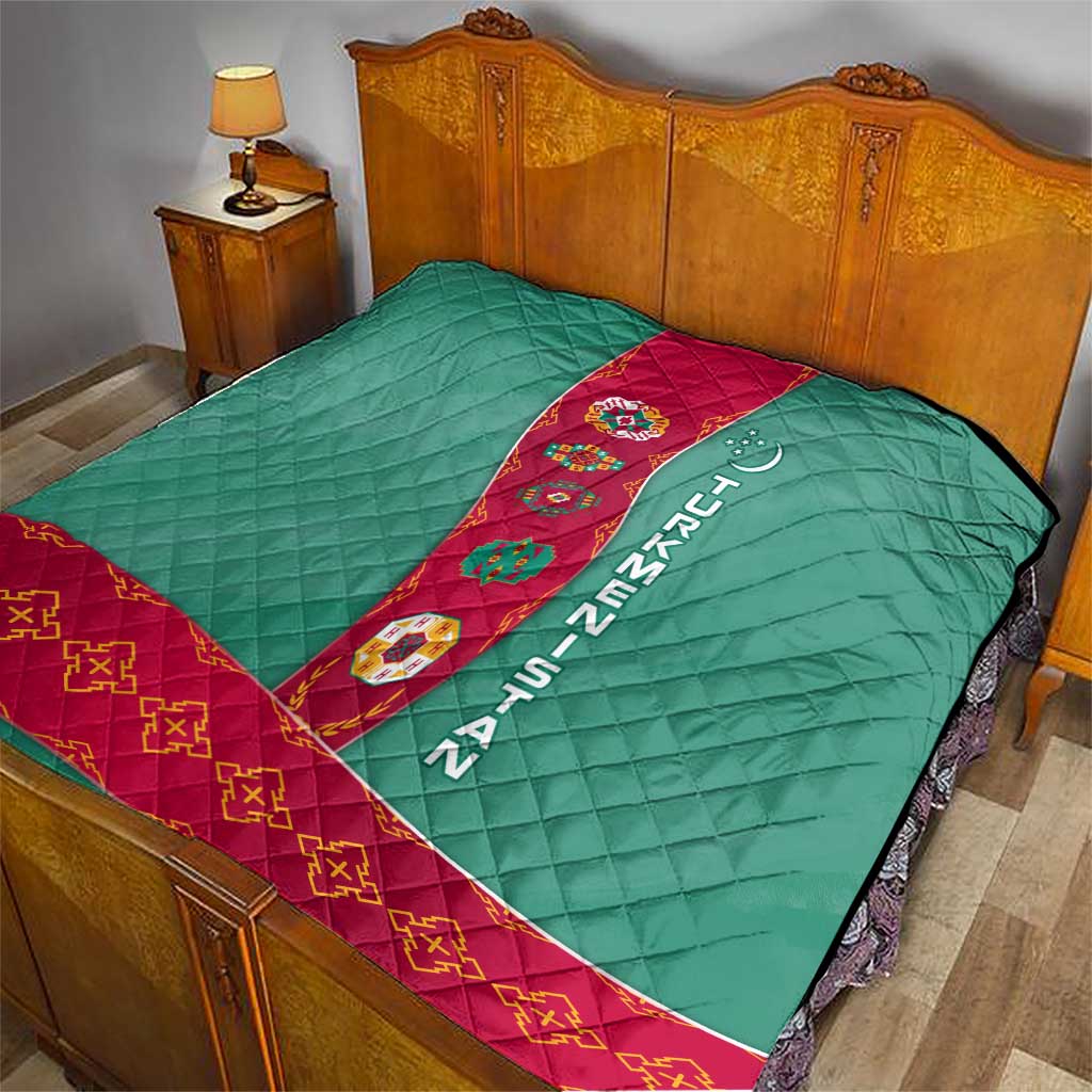 Turkmenistan National Symbols Quilt with Crescent Moon, Stars, and Traditional Carpet Pattern Design