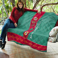 Turkmenistan National Symbols Quilt with Crescent Moon, Stars, and Traditional Carpet Pattern Design