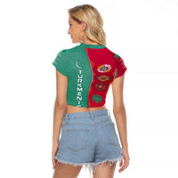 Turkmenistan National Symbols Raglan Cropped T Shirt with Crescent Moon, Stars, and Traditional Carpet Pattern Design