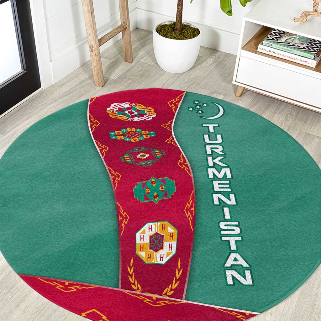 Turkmenistan National Symbols Round Carpet with Crescent Moon, Stars, and Traditional Carpet Pattern Design