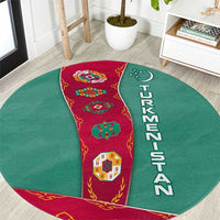 Turkmenistan National Symbols Round Carpet with Crescent Moon, Stars, and Traditional Carpet Pattern Design