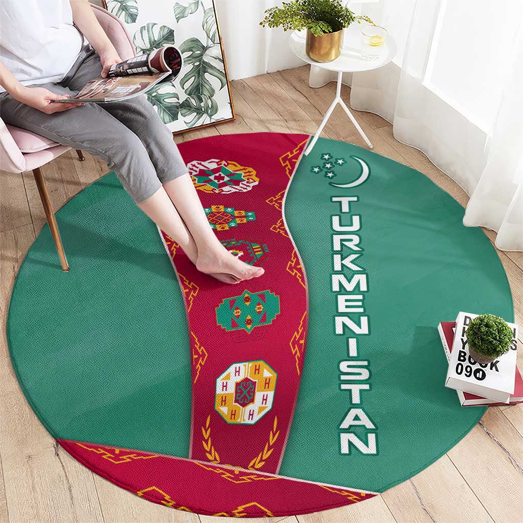 Turkmenistan National Symbols Round Carpet with Crescent Moon, Stars, and Traditional Carpet Pattern Design