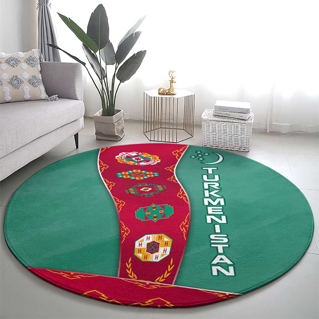 Turkmenistan National Symbols Round Carpet with Crescent Moon, Stars, and Traditional Carpet Pattern Design